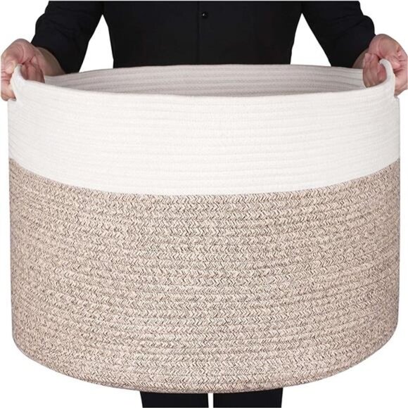 Design Extra Large 22 x14 Inches Decorative Woven Cotton Rope Basket - Picture 1 of 7